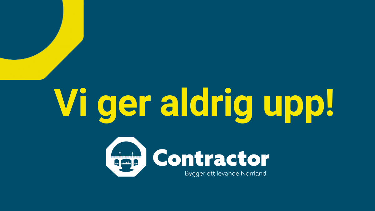 Contractor logo vit med texten Vi ger aldrig upp