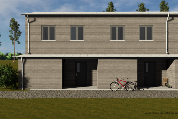 3D bild över radhussling i Ursviken som Contractor bygger. bilden är tagen framifrån huset vid entren, man ser en röd cykel på framsidan