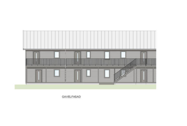 Planritning över gavelfasaden som är gjord med liggande trä, 2 plans radhus.