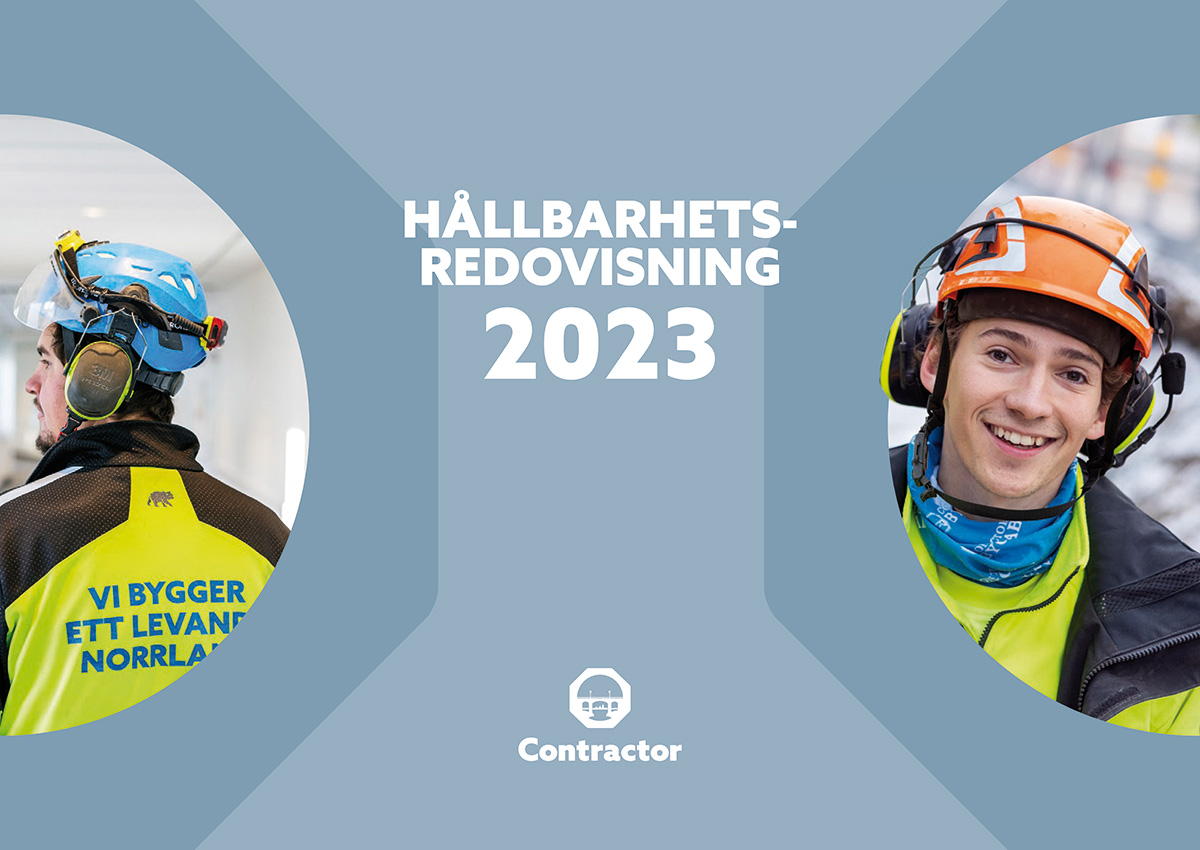 Två arbetare från Contractor som har arbetshjälmarna på sig. Texten på bilden tyder Hållbarhetsredovisning 2023.