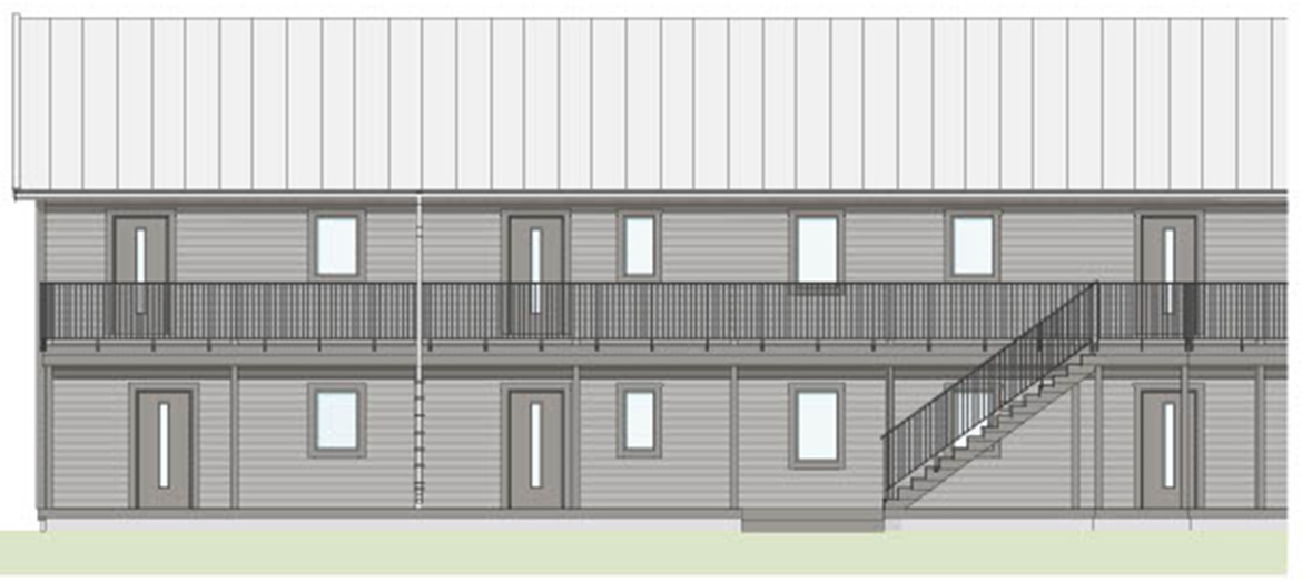 Planrintningsbild över ett projekt Contractor gör i Morö Backe i Skellefteå. bilden visar framsidan av radhusen.